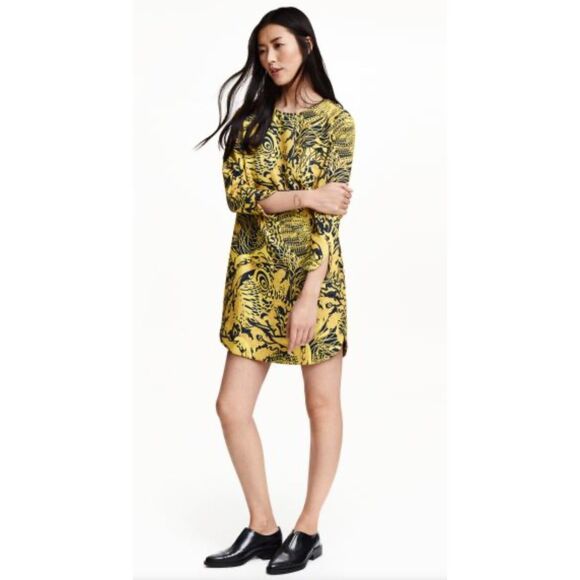 H & M Mustard Yellow/Peacock Blue 3/4 Sleeve Abstract Print Dress, Sz 8 - Picture 2 of 9